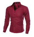 Men's fitted long sleeve shirt in designer plaid stripes pattern, cotton blend, classic square collar, available in black, blue, navy, red wine, royal blue, white