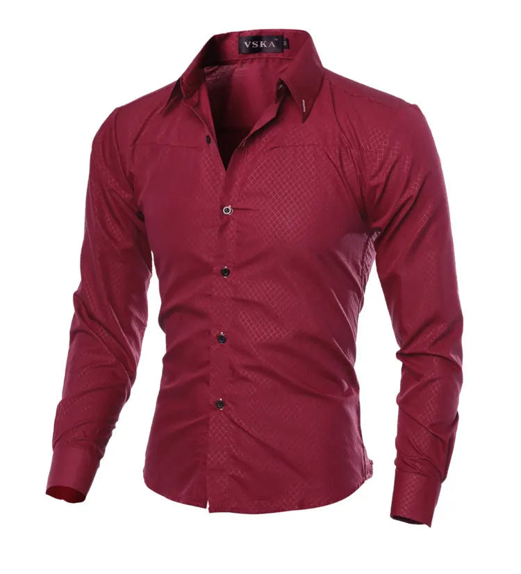 Men's fitted long sleeve shirt in designer plaid stripes pattern, cotton blend, classic square collar, available in black, blue, navy, red wine, royal blue, white