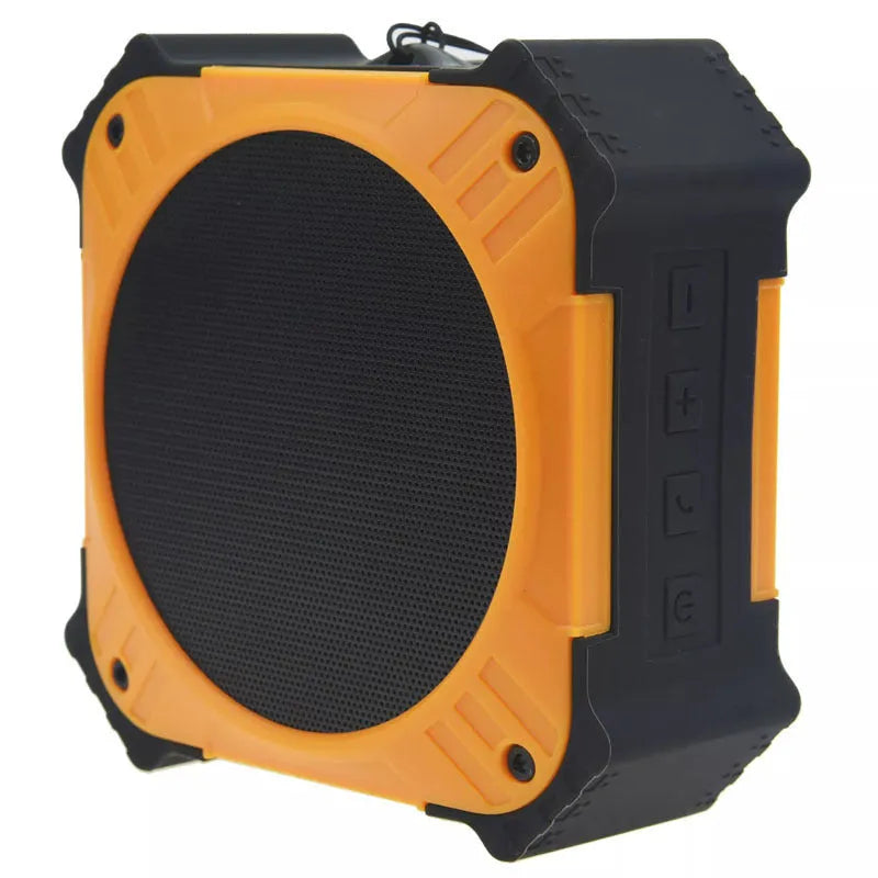 Small black waterproof portable Bluetooth speaker with a wrist strap lanyard.