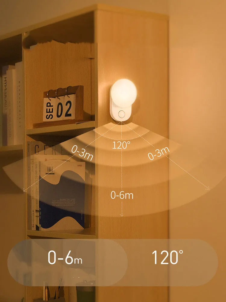 White circular rechargeable sensor night light with warm LED illumination for bedside placement