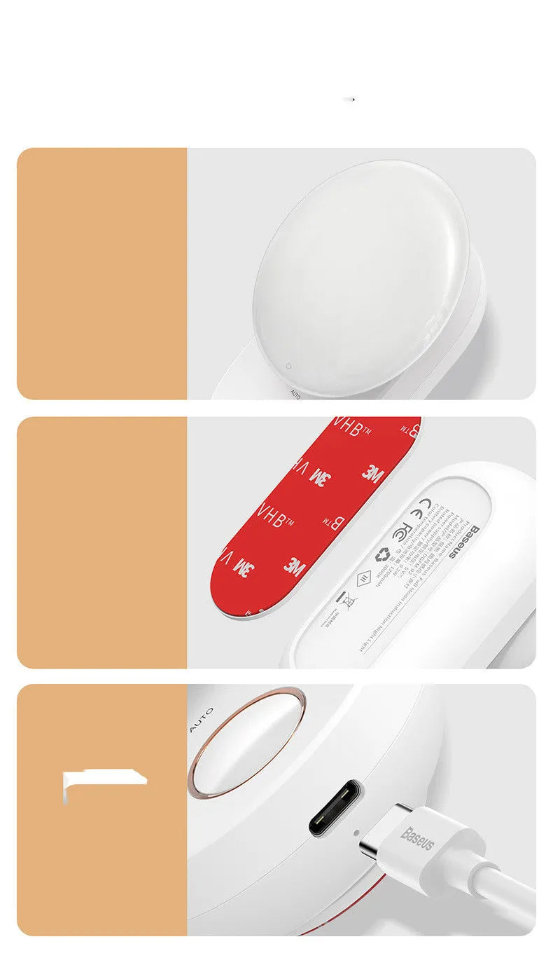 White circular rechargeable sensor night light with warm LED illumination for bedside placement