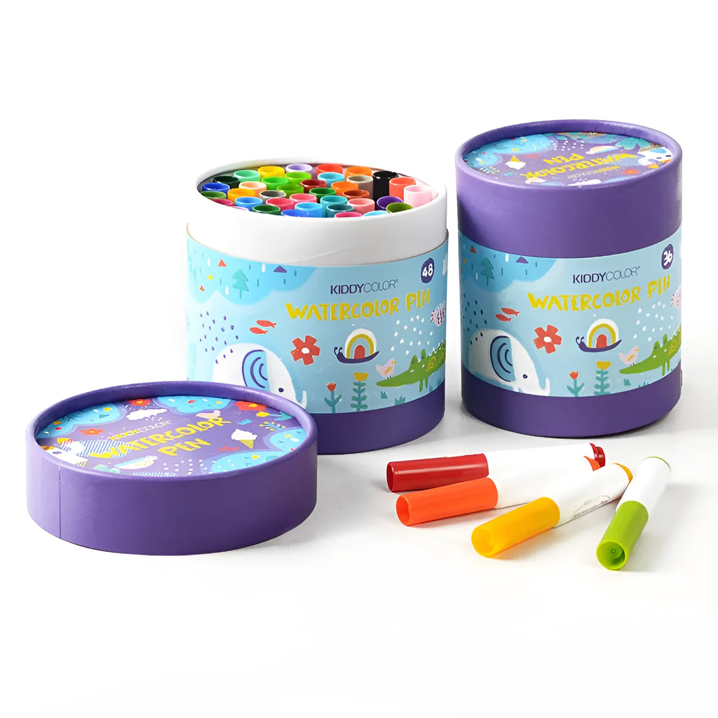 Children's plastic watercolour pen set showing 36 and 48 colour options with washable, safe colours