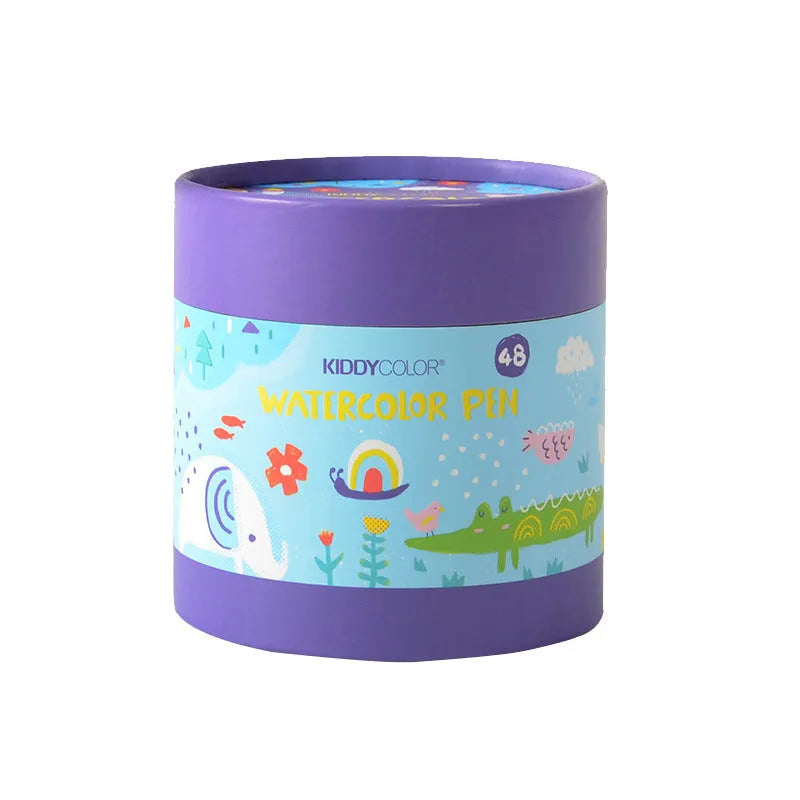 Children's plastic watercolour pen set showing 36 and 48 colour options with washable, safe colours
