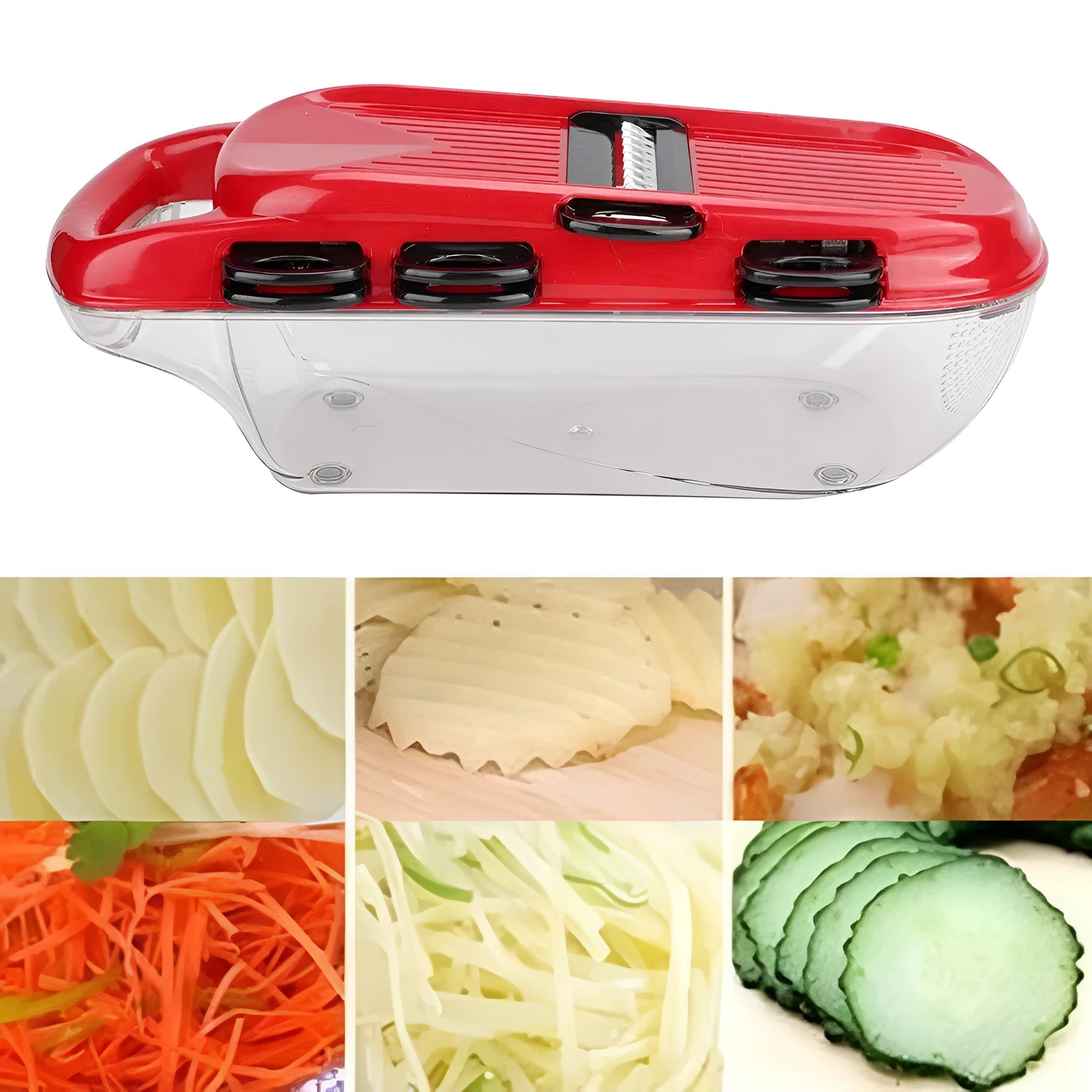 Red multi-function vegetable cutter with seven stainless steel blades and PET container