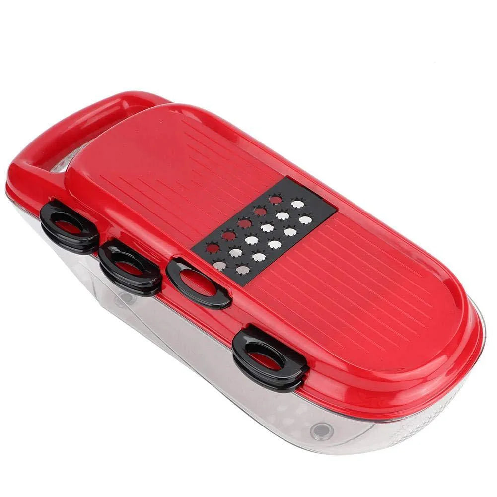 Red multi-function vegetable cutter with seven stainless steel blades and PET container