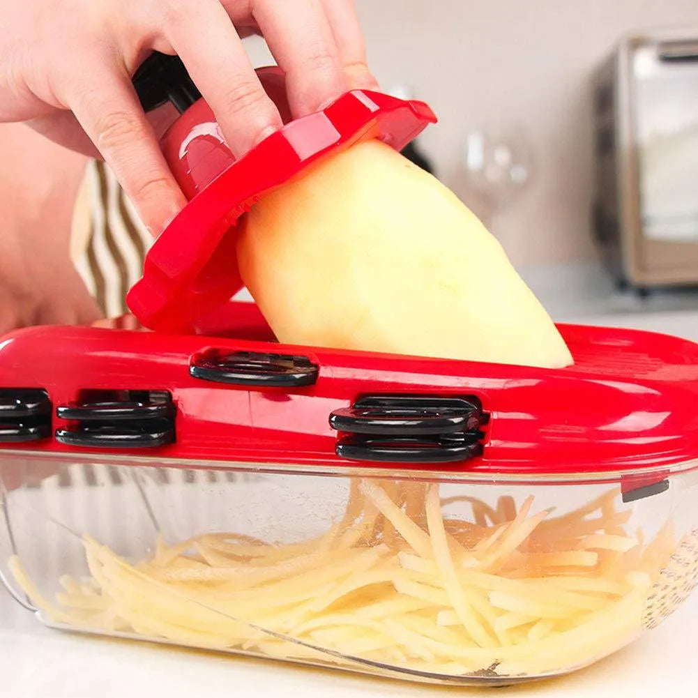 Red multi-function vegetable cutter with seven stainless steel blades and PET container