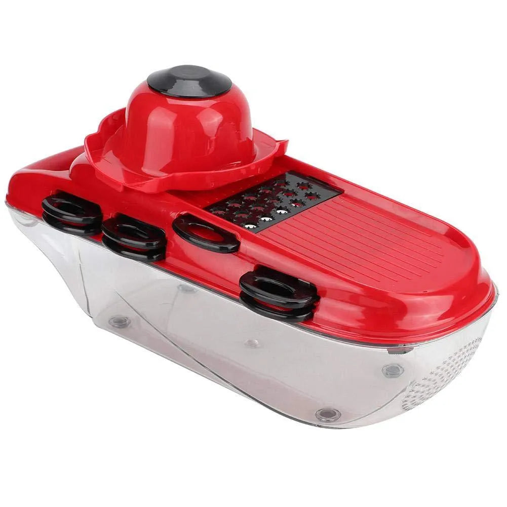 Red multi-function vegetable cutter with seven stainless steel blades and PET container