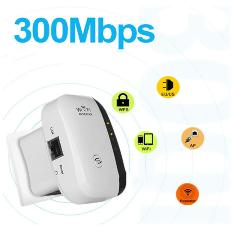 Compact black and white WiFi repeater with interchangeable UK EU US AU plugs and network cable.