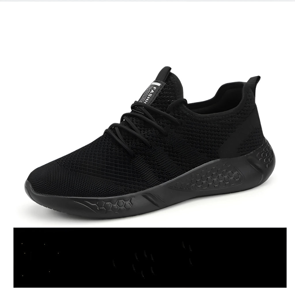 Men's black and white mesh sports shoes with PVC sole for casual jogging and outdoor walking