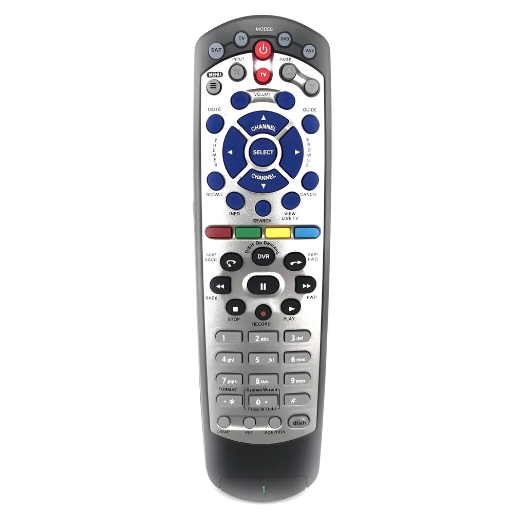 Black universal remote control for DISH Network satellite receiver, flat 20.1 model.