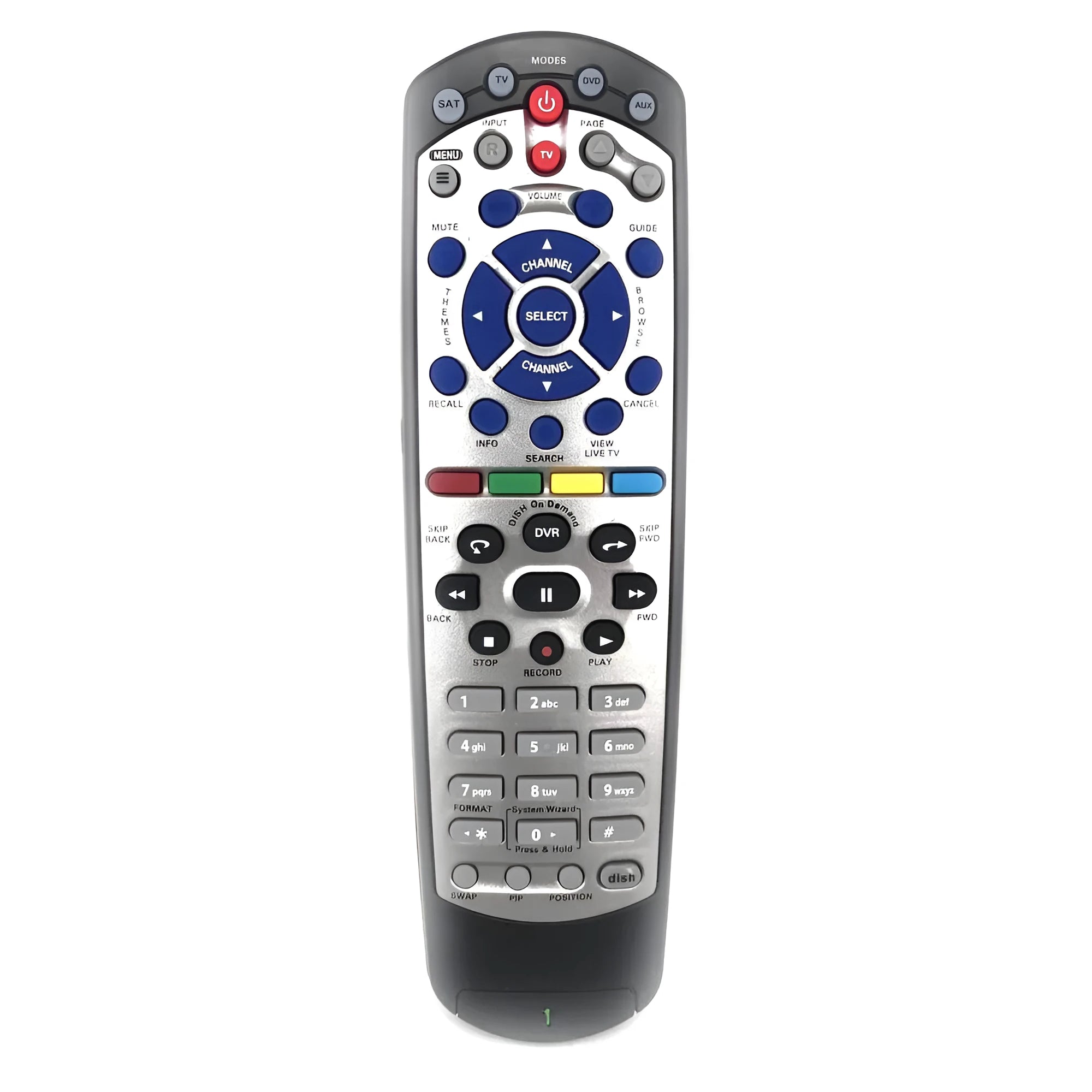 Black universal remote control for DISH Network satellite receiver, flat 20.1 model.