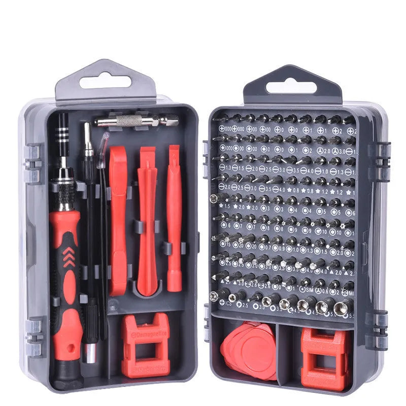 117-in-1 magnetic CRV screwdriver bit set with flexible extension rod in black, blue, or red case.