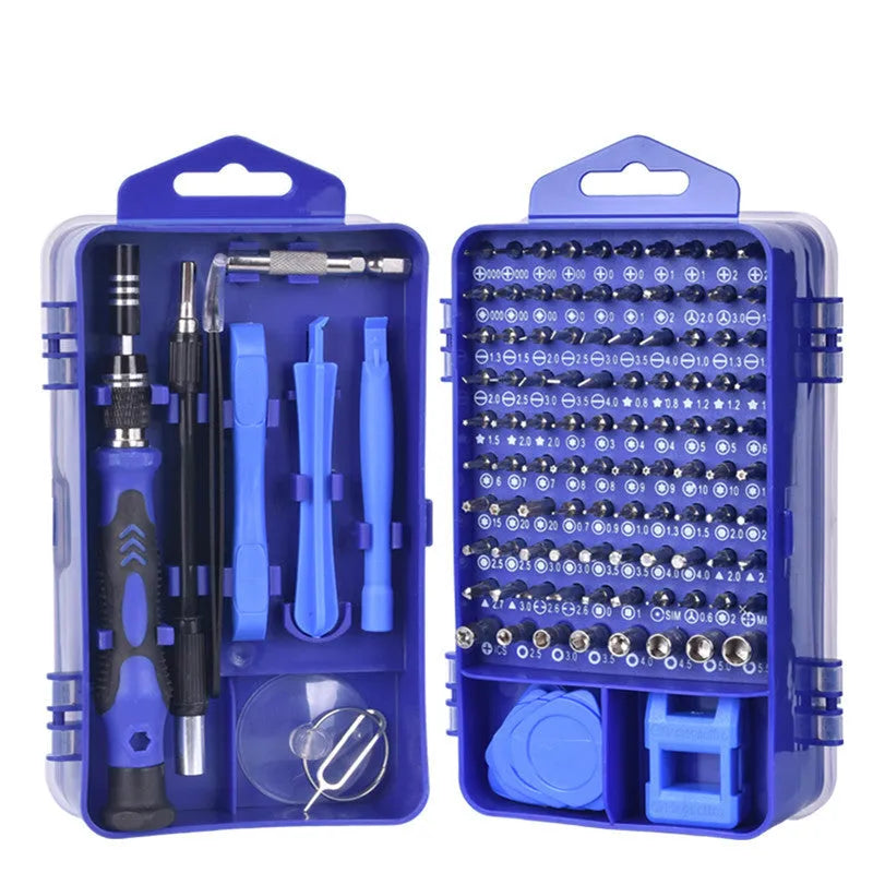 117-in-1 magnetic CRV screwdriver bit set with flexible extension rod in black, blue, or red case.