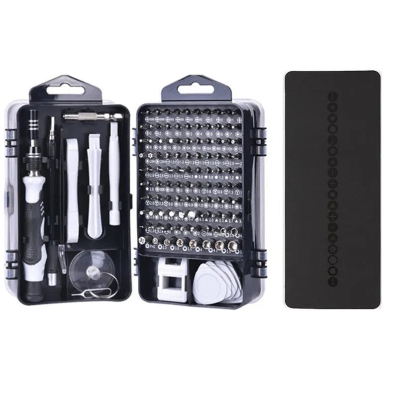 117-in-1 magnetic CRV screwdriver bit set with flexible extension rod in black, blue, or red case.