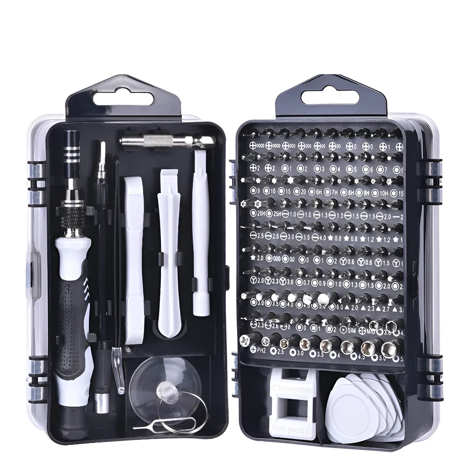 117-in-1 magnetic CRV screwdriver bit set with flexible extension rod in black, blue, or red case.