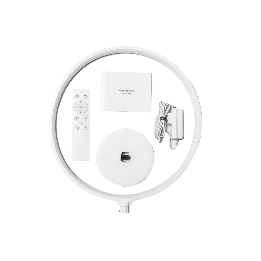 White aluminium and silicone full moon mood lamp with remote control on a table.