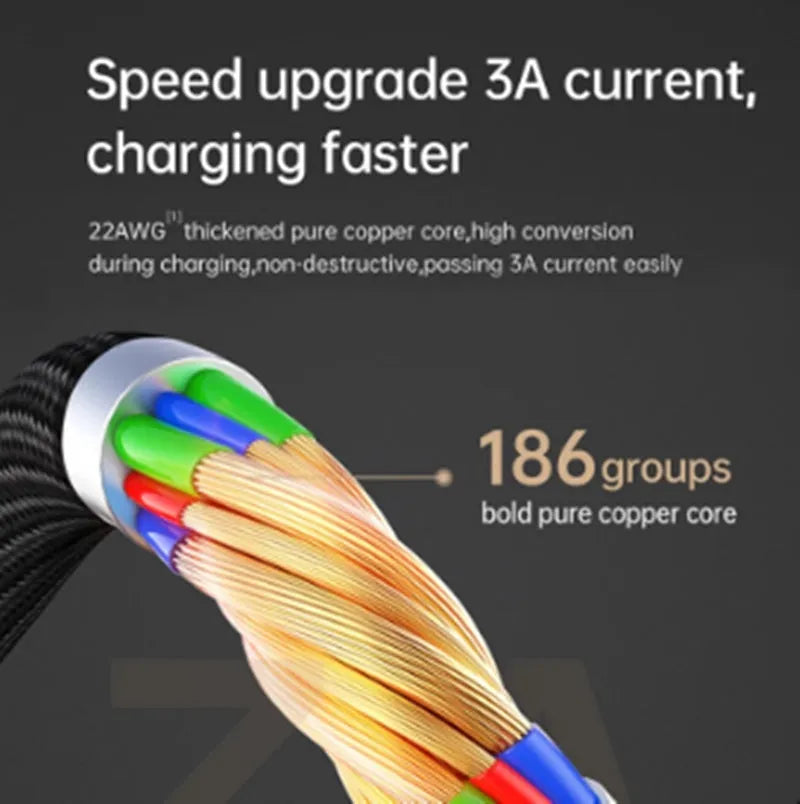 Black Apple iPhone charger cable with LED indicator lights showing orange and green colours