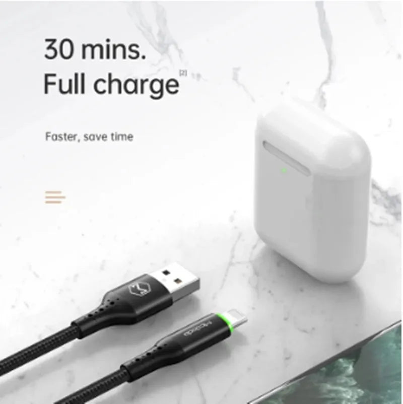 Black Apple iPhone charger cable with LED indicator lights showing orange and green colours