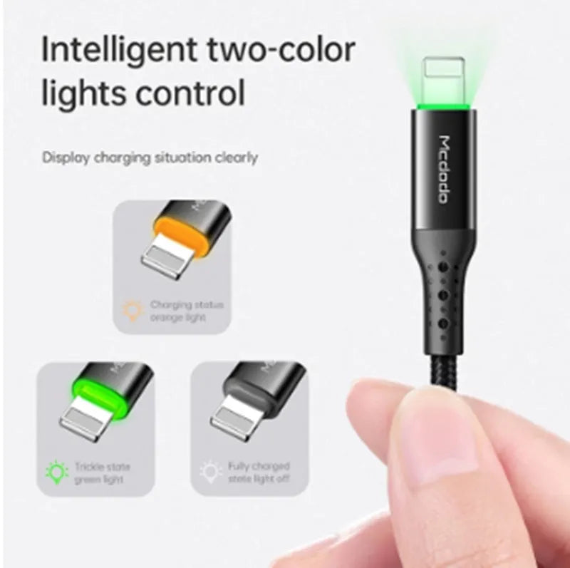 Black Apple iPhone charger cable with LED indicator lights showing orange and green colours