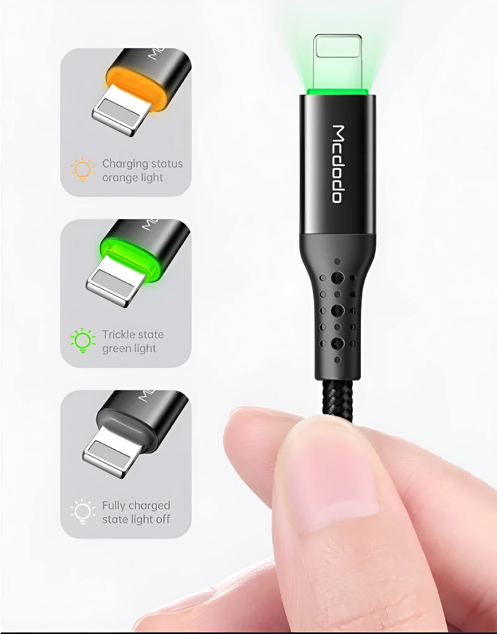 Black Apple iPhone charger cable with LED indicator lights showing orange and green colours