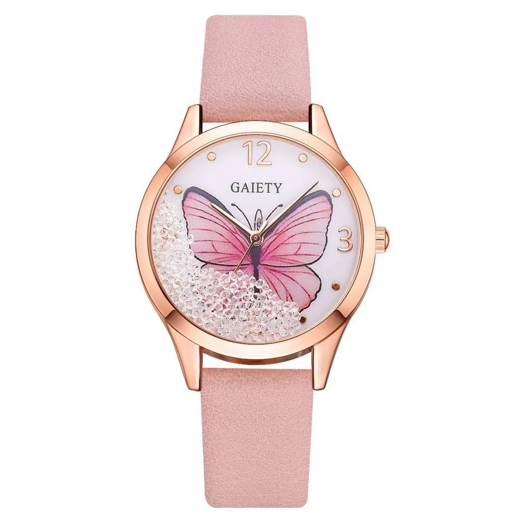 Gaiety women's dress watch with removable rhinestone butterfly decoration on 39mm dial with leather strap