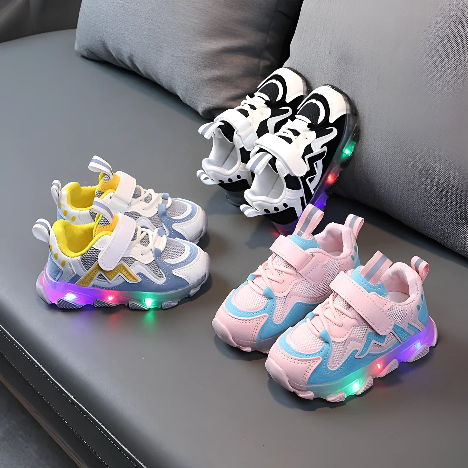 Children's breathable mesh sneakers with Velcro fastening in black, pink, and grey colours