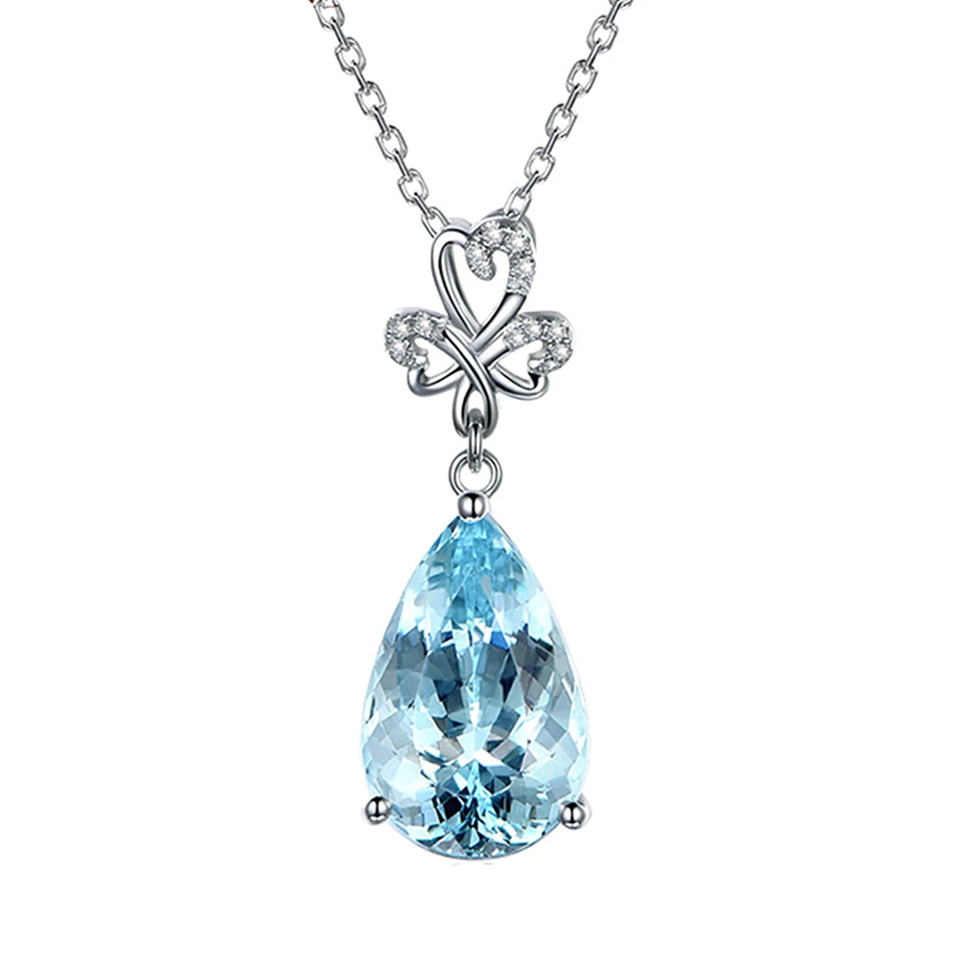 Blue aquamarine pendant necklace set with diamond accent on 40cm copper chain drop shape