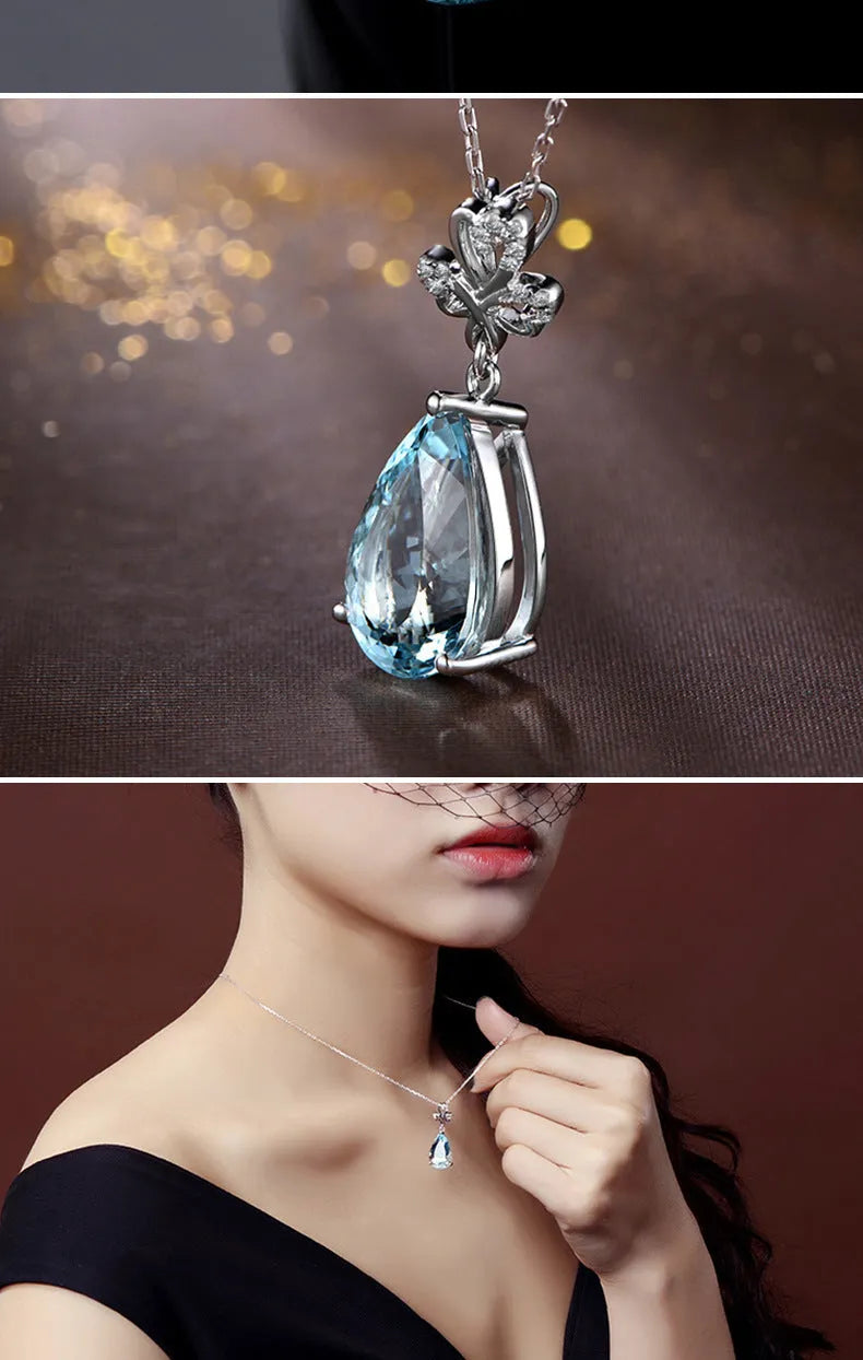 Blue aquamarine pendant necklace set with diamond accent on 40cm copper chain drop shape
