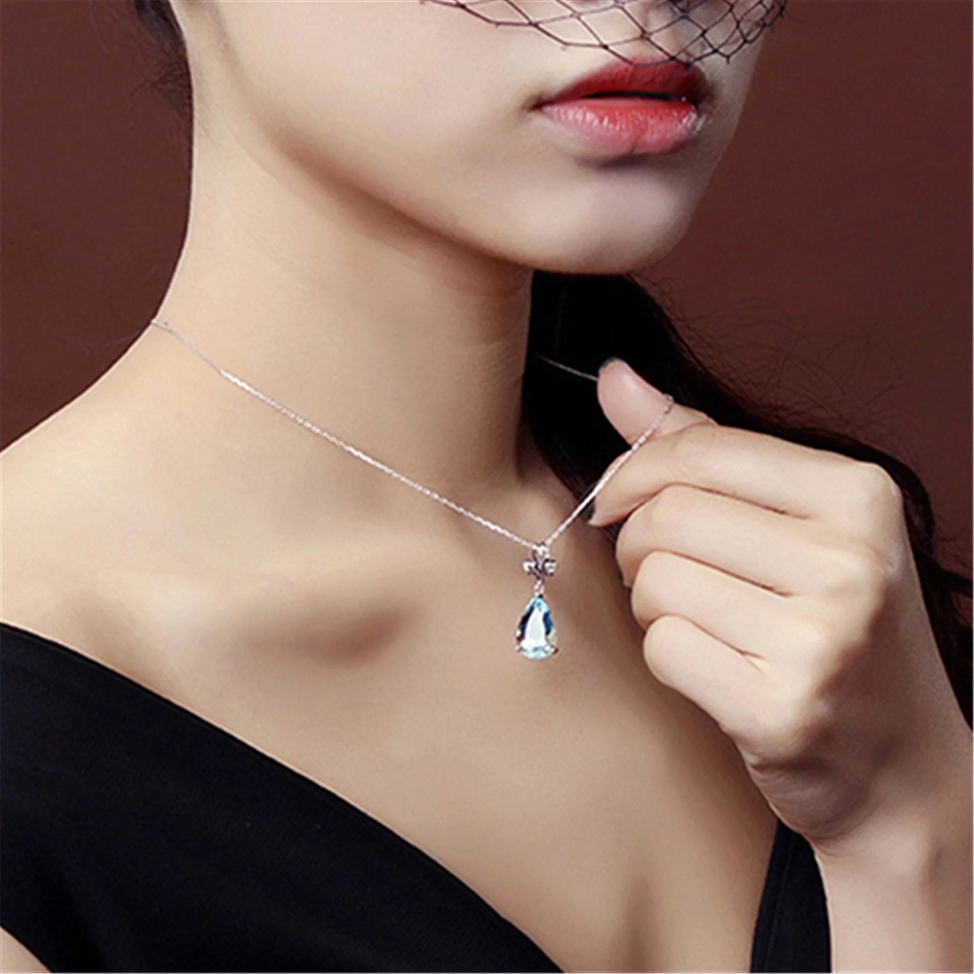 Blue aquamarine pendant necklace set with diamond accent on 40cm copper chain drop shape