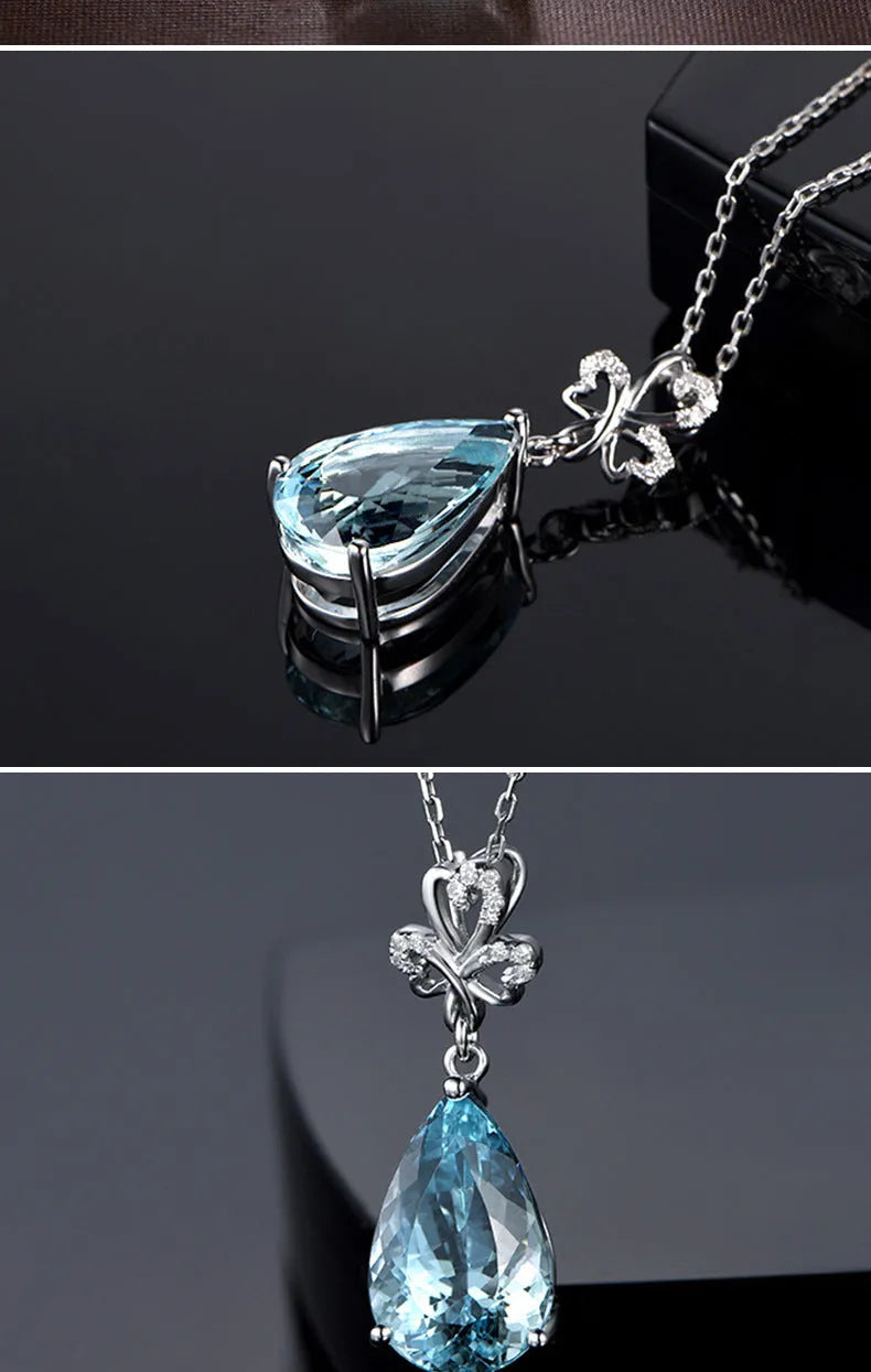 Blue aquamarine pendant necklace set with diamond accent on 40cm copper chain drop shape