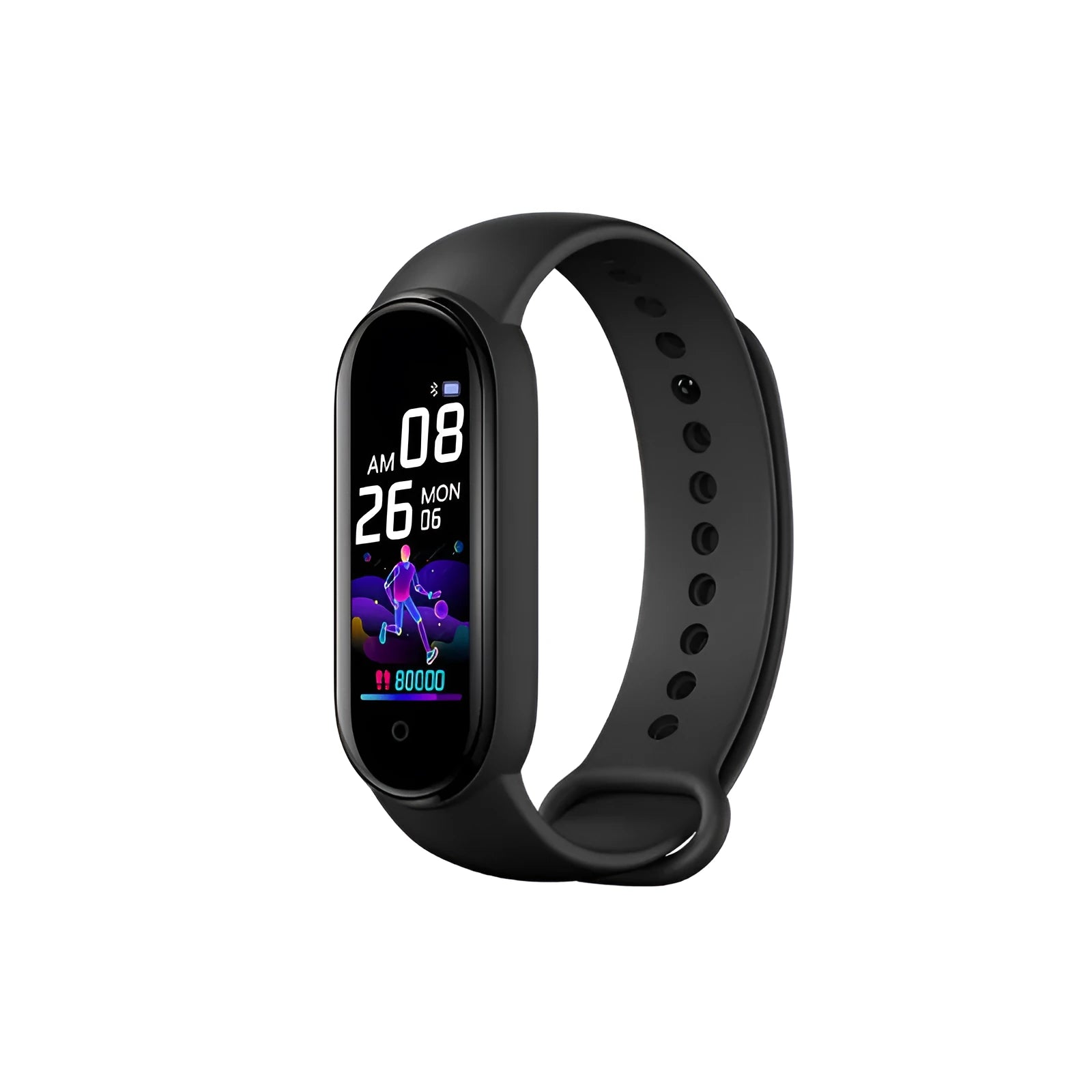 M5 smart bracelet in black showing heart rate monitor display on wrist