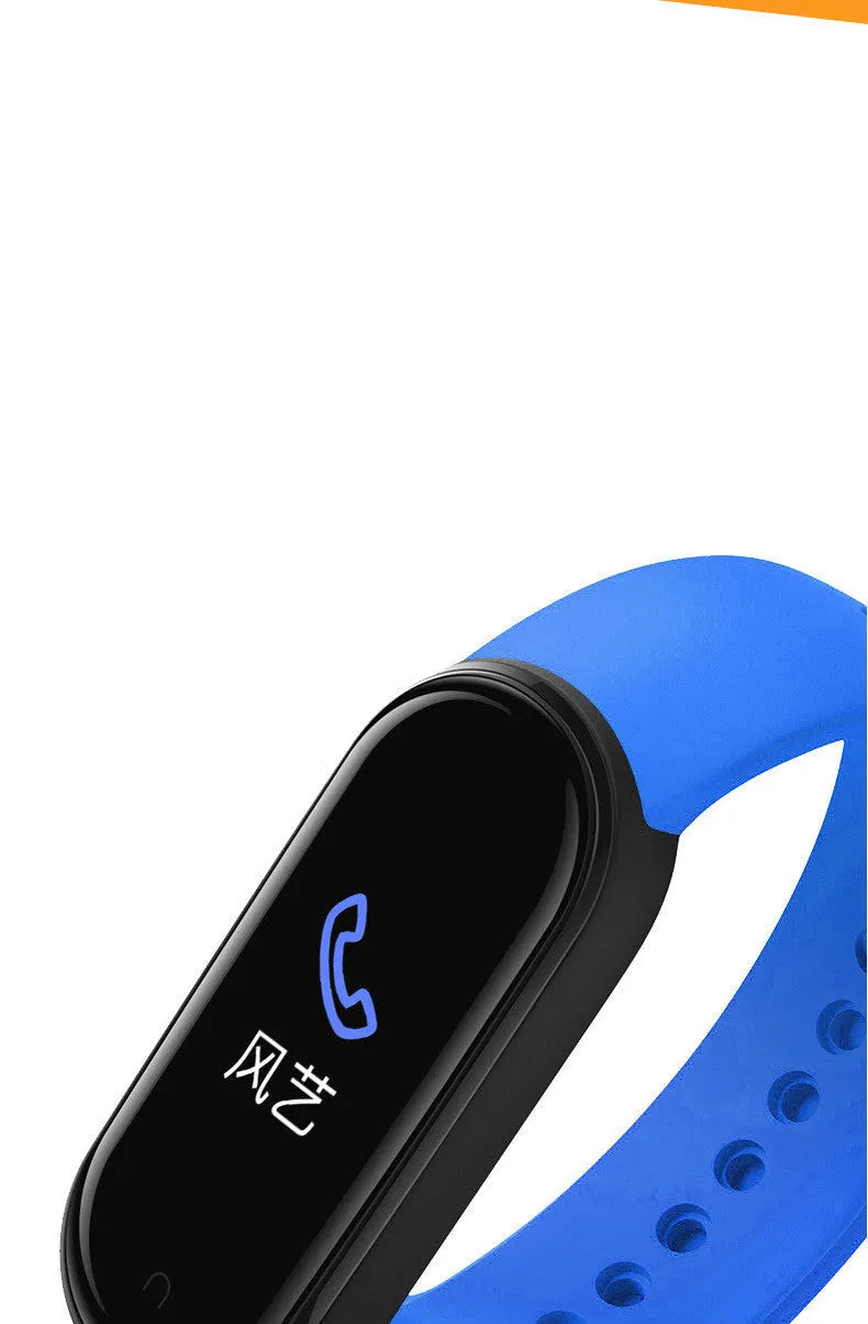 M5 smart bracelet in black showing heart rate monitor display on wrist