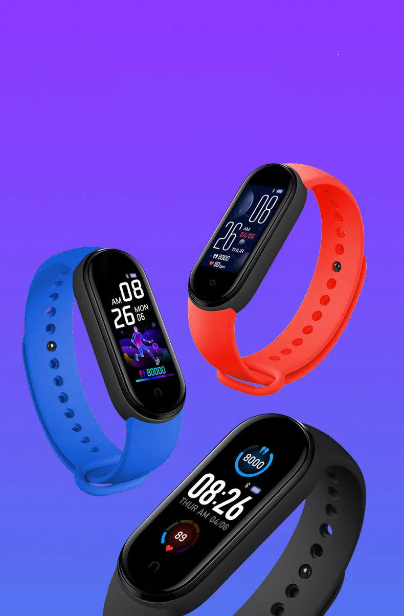 M5 smart bracelet in black showing heart rate monitor display on wrist