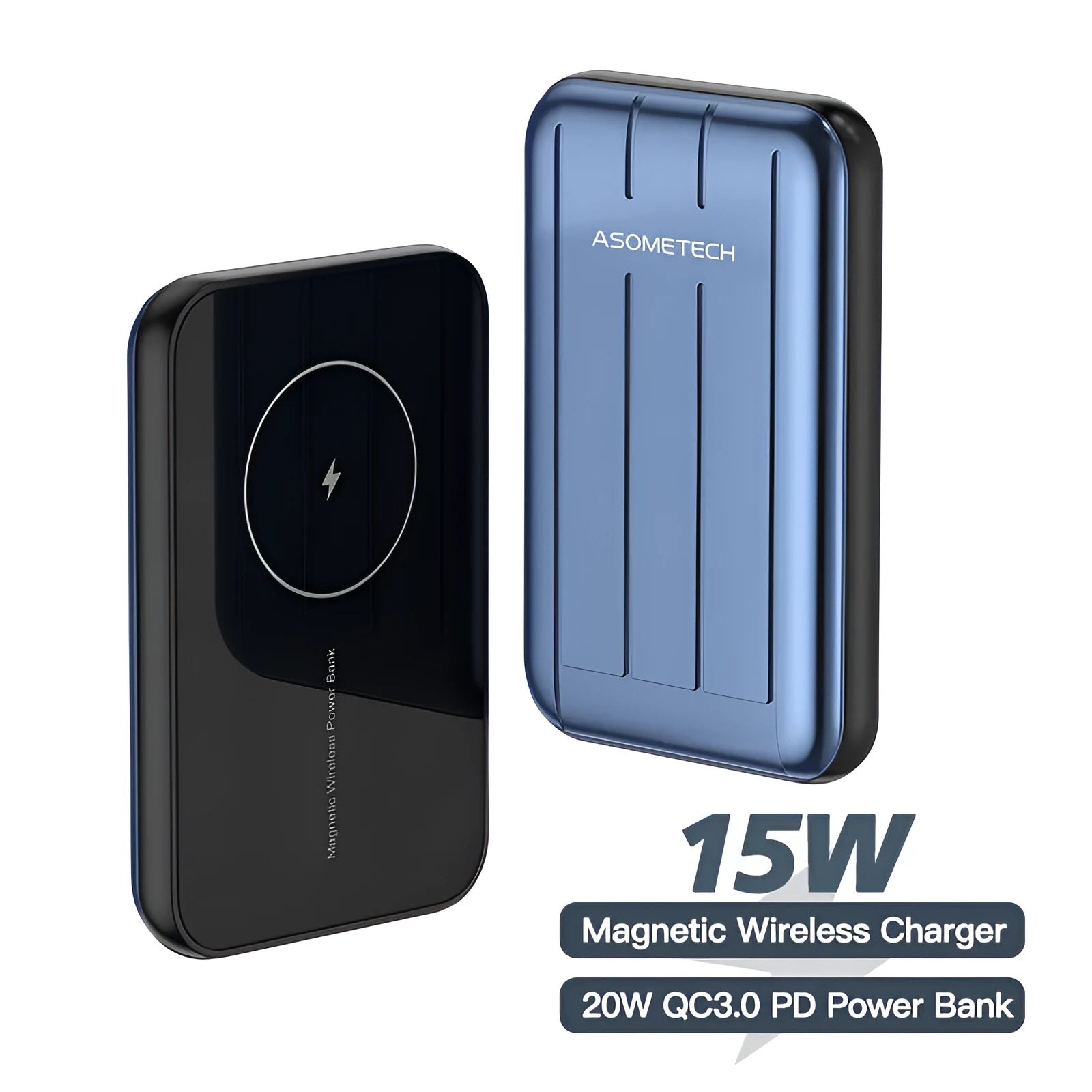 Blue magnetic wireless power bank for iPhone 12 with 5000mAh capacity and USB charging port