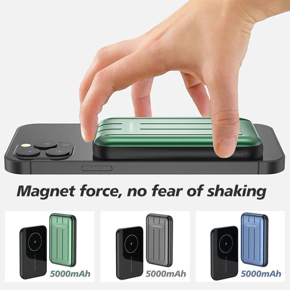 Blue magnetic wireless power bank for iPhone 12 with 5000mAh capacity and USB charging port