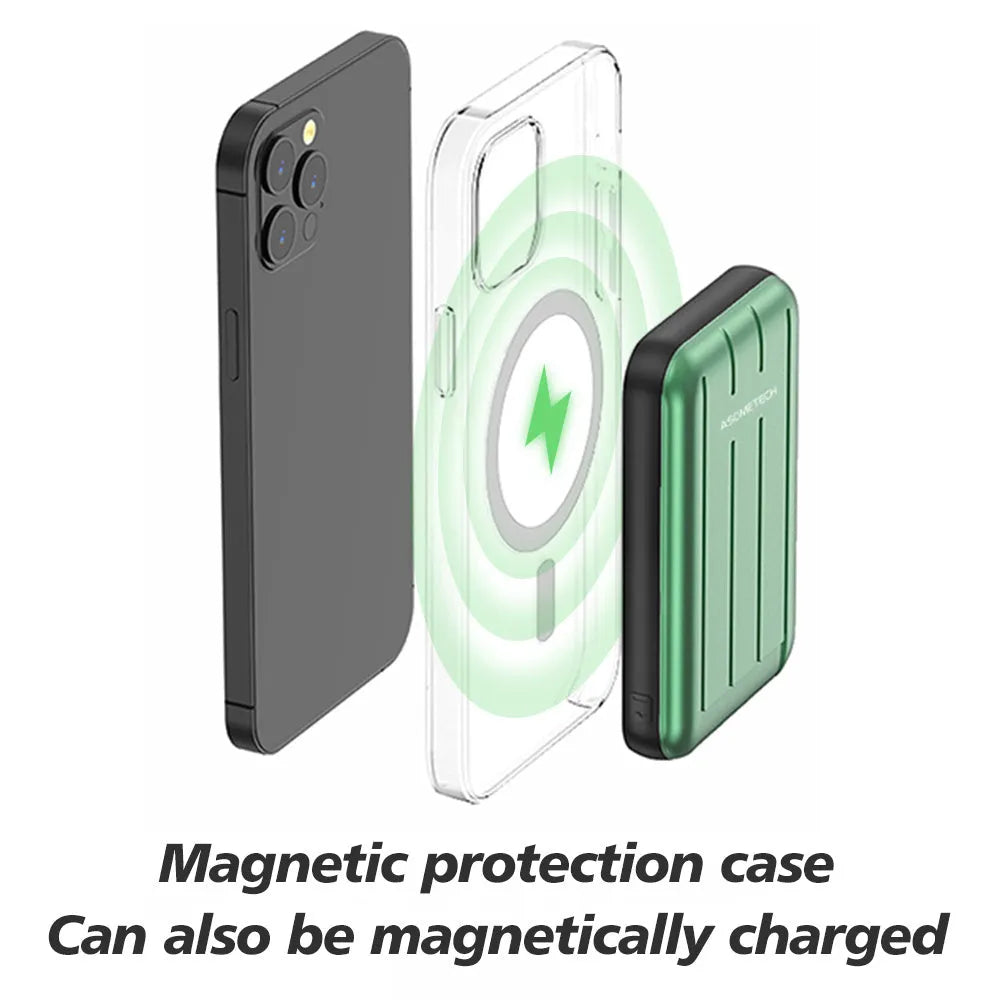 Blue magnetic wireless power bank for iPhone 12 with 5000mAh capacity and USB charging port