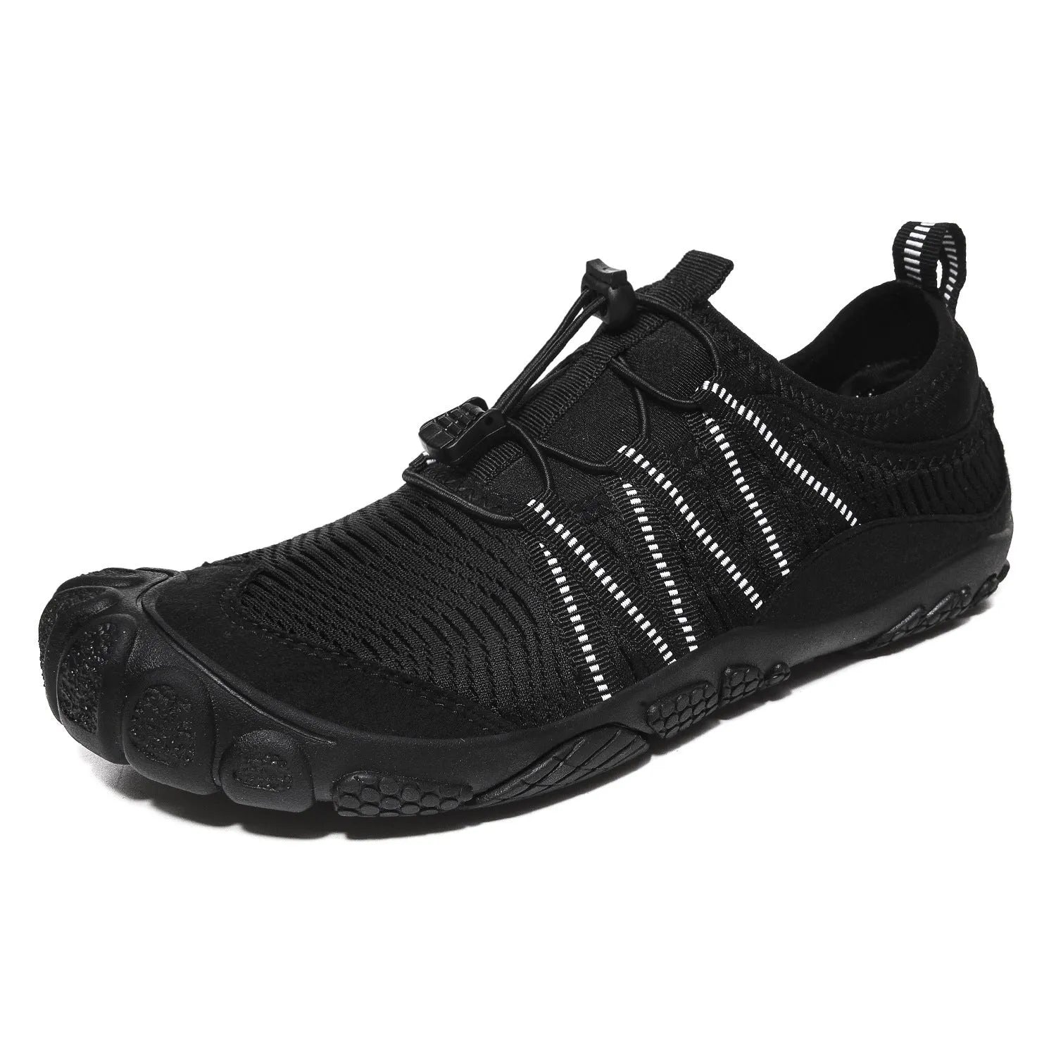 Men's and women's elastic band river tracing shoes with mesh upper and rubber sole in dark blue.