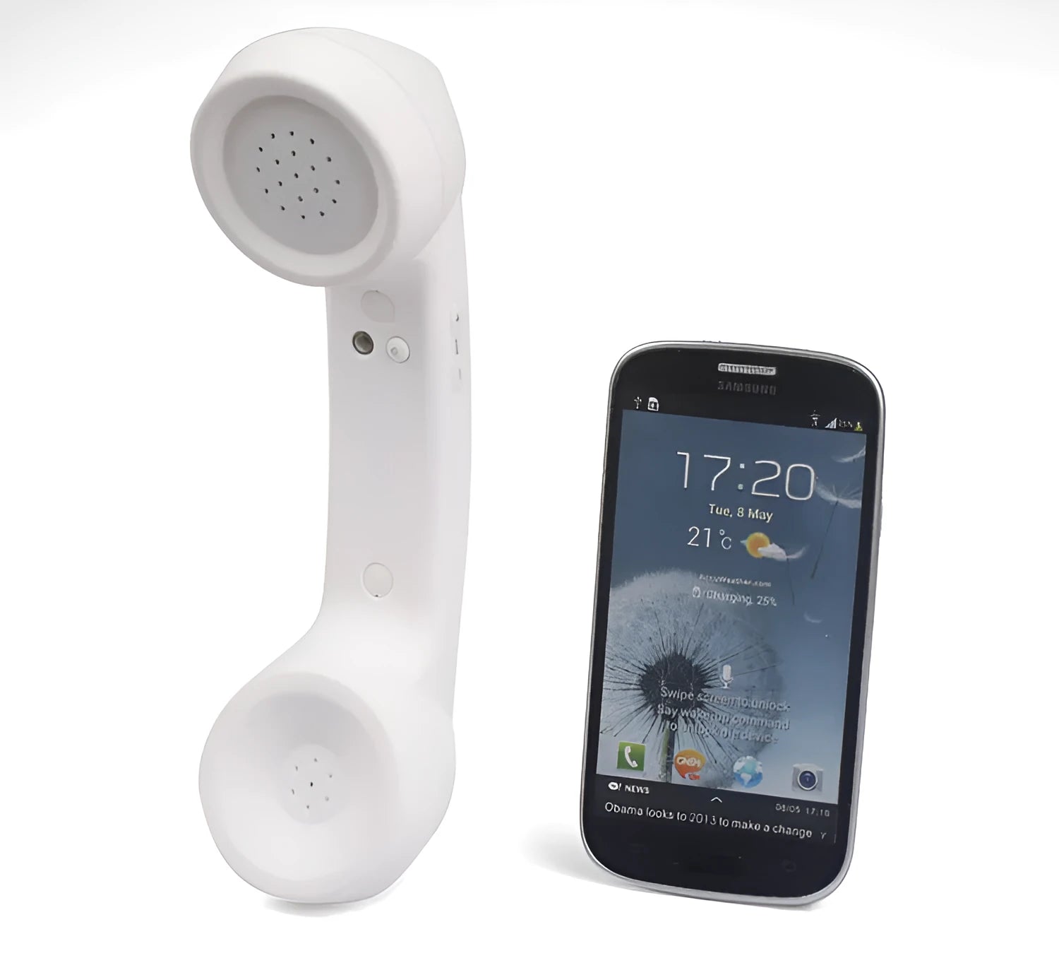 Bluetooth wireless headset with retro handset design in multiple colours showing bilateral earpieces
