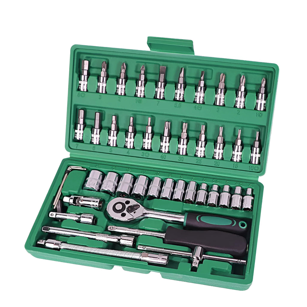 Green plastic case open showing a 46-piece metric car repair socket set with ratchet and torque wrench.