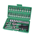 Green plastic case open showing a 46-piece metric car repair socket set with ratchet and torque wrench.