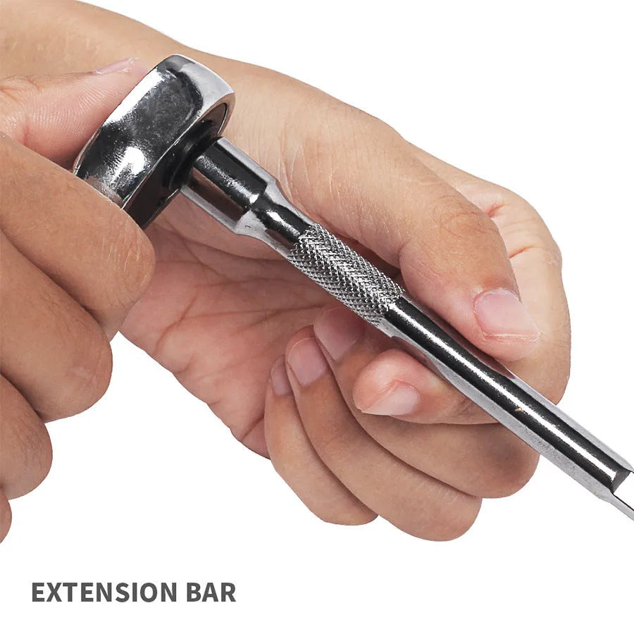 Green plastic case open showing a 46-piece metric car repair socket set with ratchet and torque wrench.