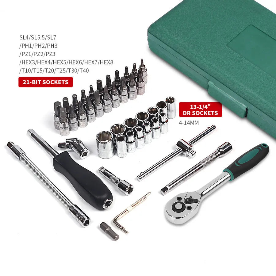 Green plastic case open showing a 46-piece metric car repair socket set with ratchet and torque wrench.