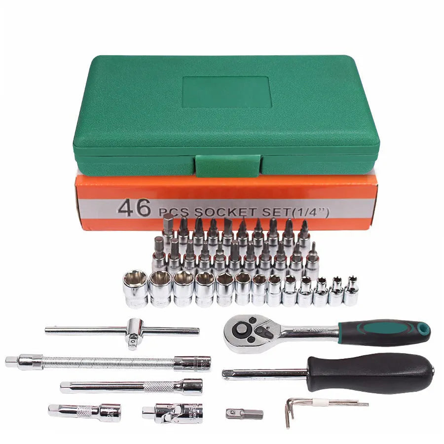 Green plastic case open showing a 46-piece metric car repair socket set with ratchet and torque wrench.