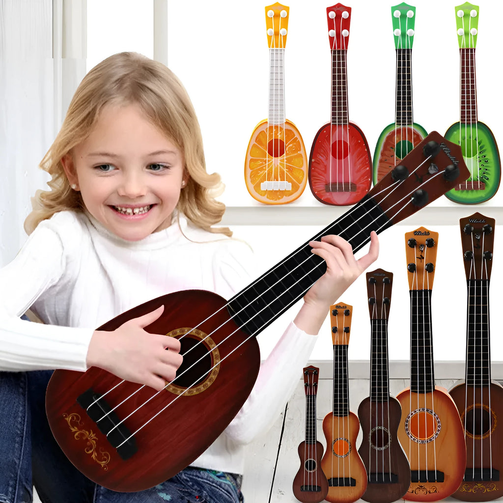 Retro plastic ukulele toy for children with decorative designs, measuring 38cm long