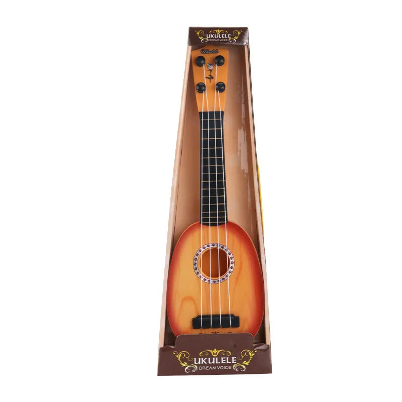 Retro plastic ukulele toy for children with decorative designs, measuring 38cm long