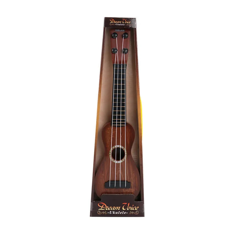 Retro plastic ukulele toy for children with decorative designs, measuring 38cm long