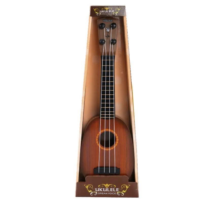Retro plastic ukulele toy for children with decorative designs, measuring 38cm long