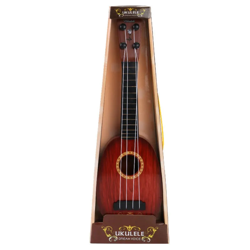 Retro plastic ukulele toy for children with decorative designs, measuring 38cm long