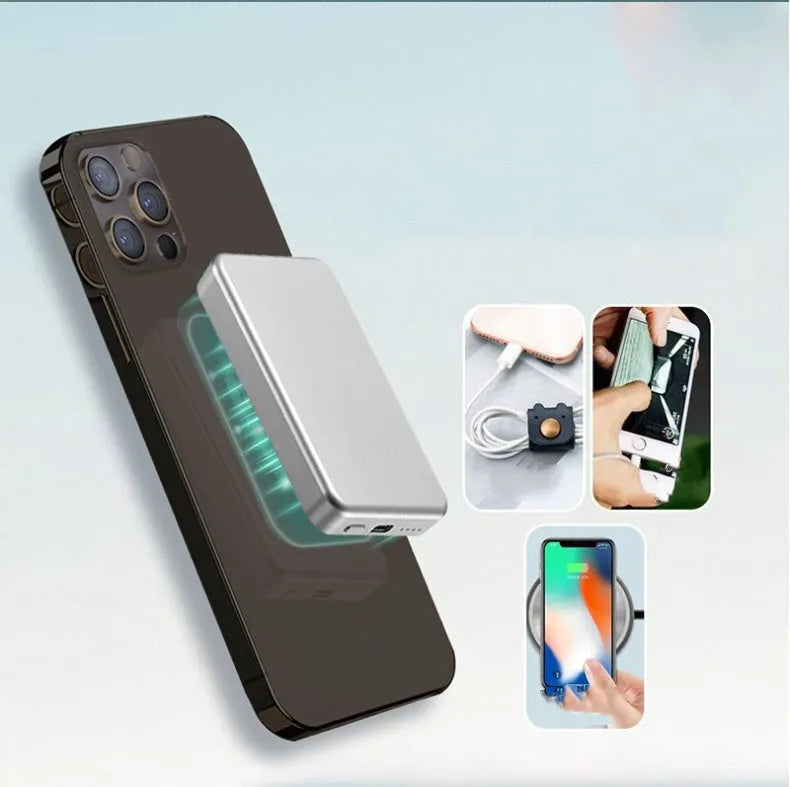 Silver aluminium wireless magnetic charging power bank with 5000mAh capacity for Apple devices