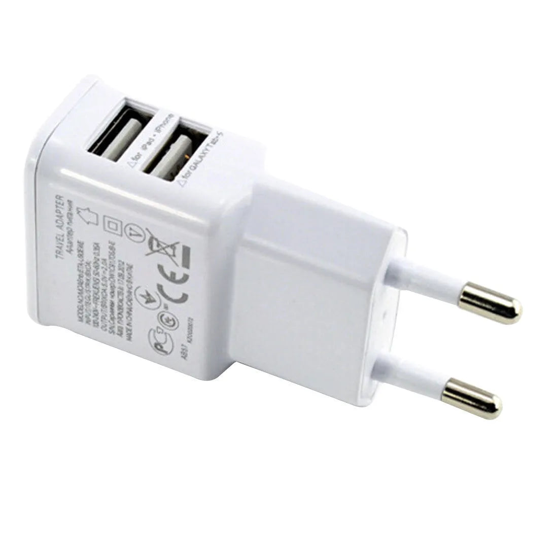 Travel USB Charger Adapter Wall Type EU Plug Phone Smart Dual USB Port 2A 1A UK Travel Home Office 110V-240V 50-60Hz Black White Compact Lightweight Android Phone Charger by CCC Certified